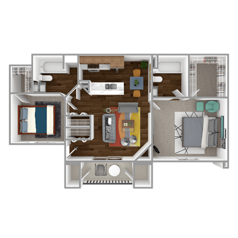 A floor plan of a house with a kitchen, living room, and bedrooms.